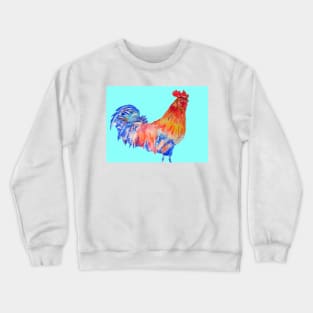 Rooster Chicken Watercolor Painting on Aqua Crewneck Sweatshirt